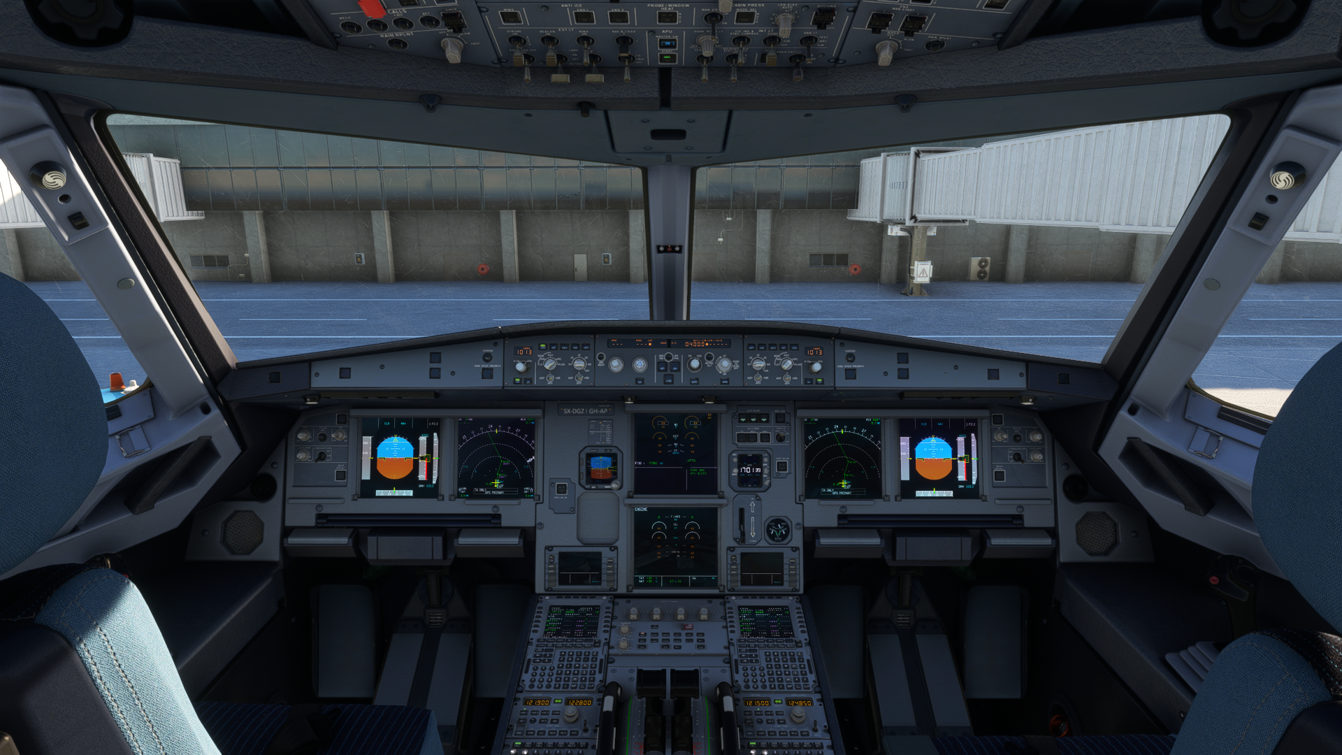 A flight simulator cockpit view.